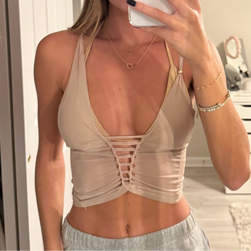 Tiger Mist tan braided crop top comes with top underneath